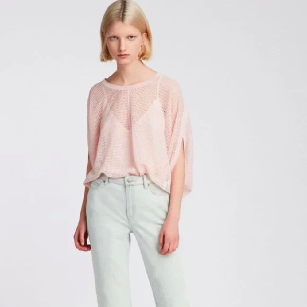 Allsaints Levita Short Sleeve T-shirt blouse tee pink open knit sweater